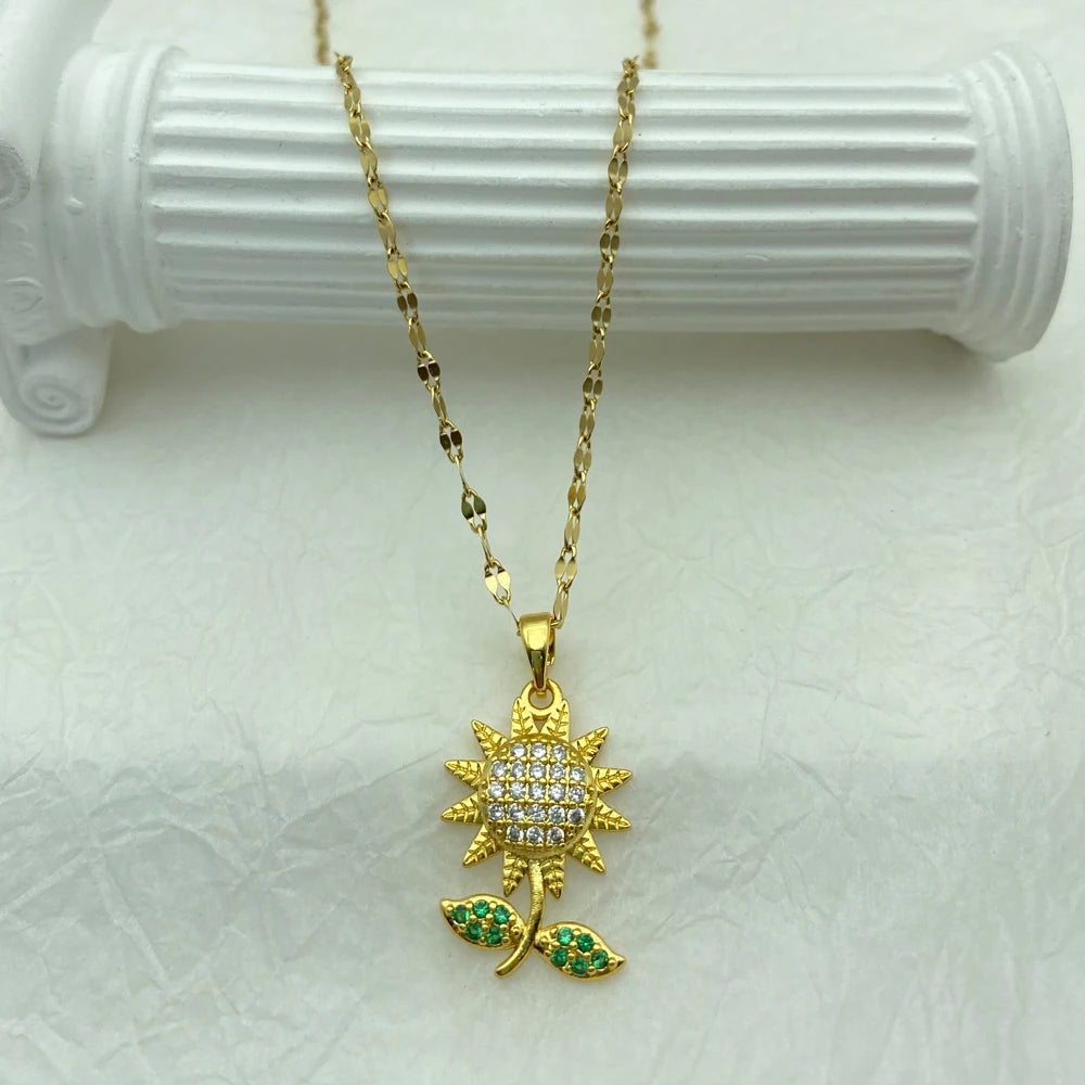 CZ Sunflower Pendant Necklace with Emerald Green Leaf | Stainless Steel Chain