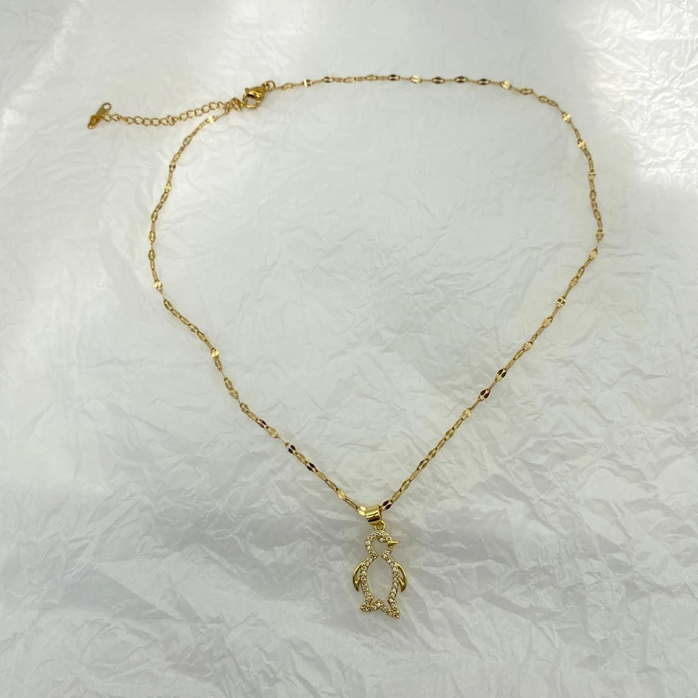 Gold Plated Cute Penguin Pendants With Zircon Stainless Steel Necklace For Women Fashion Jewelry New In Accessories