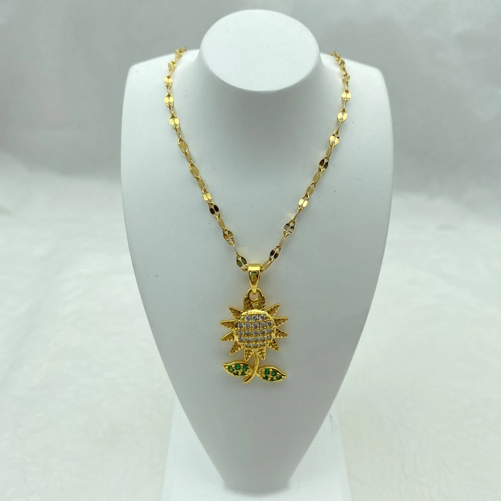 CZ Sunflower Pendant Necklace with Emerald Green Leaf | Stainless Steel Chain