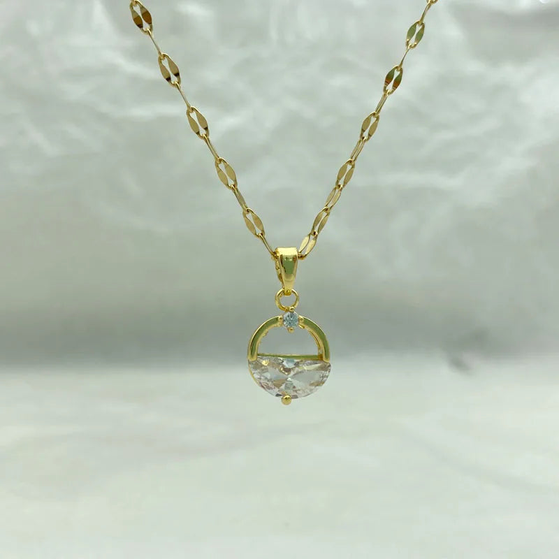 Half Moon CZ Pendant Necklace | 18K Gold Plated Stainless Steel