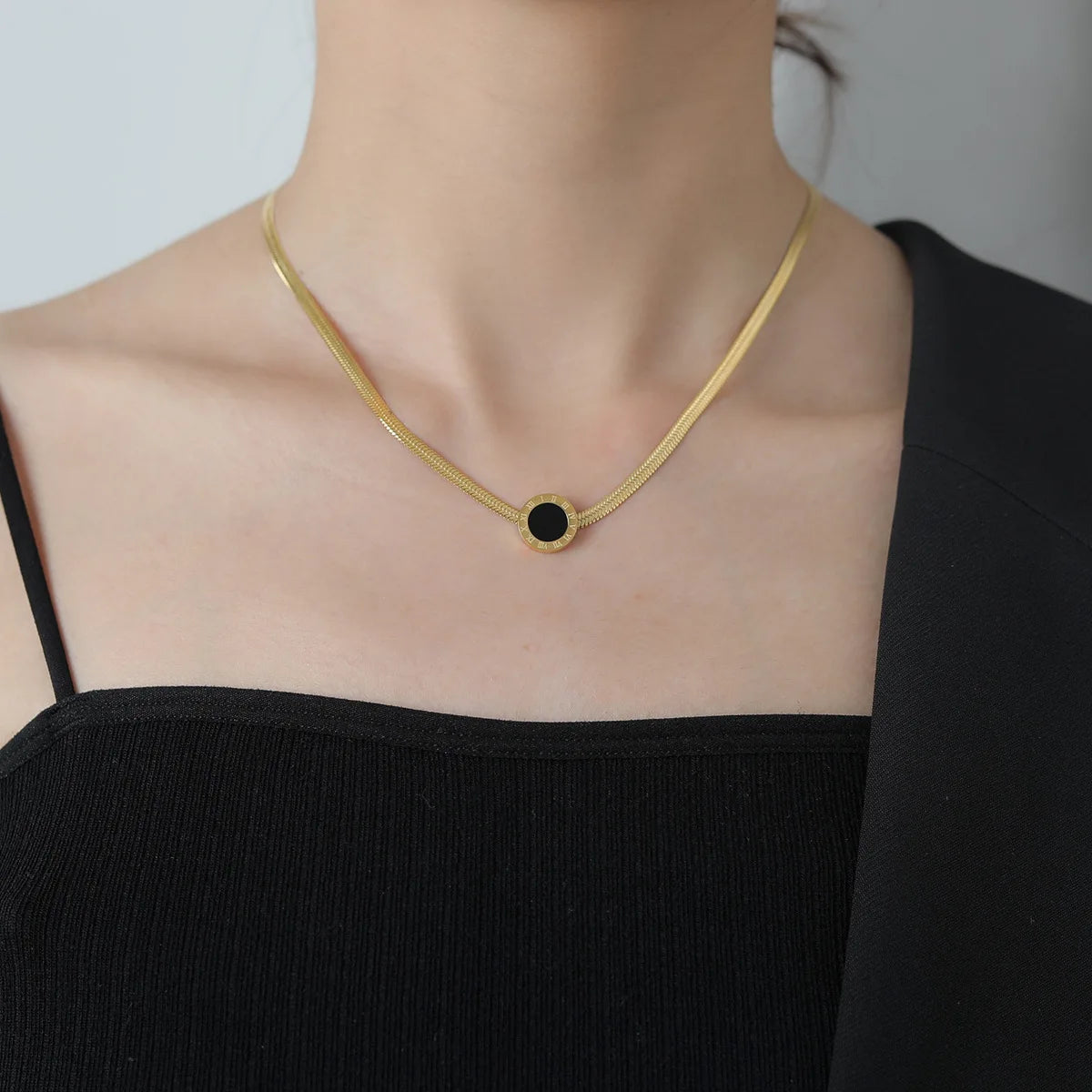 18K Gold Plated Black Onyx Round Pendant Herringbone Chain Necklace | Stainless Steel