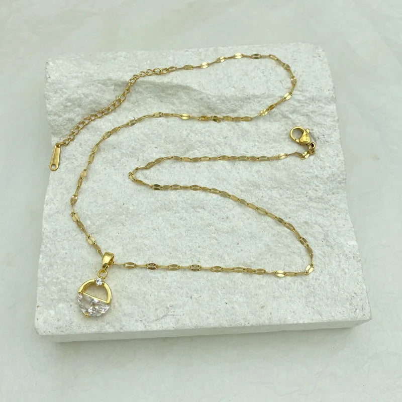 Half Moon CZ Pendant Necklace | 18K Gold Plated Stainless Steel