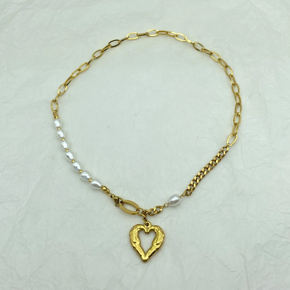 Cuba Spliced Chain Stainless Steel Necklacet simulated Pearl Necklace