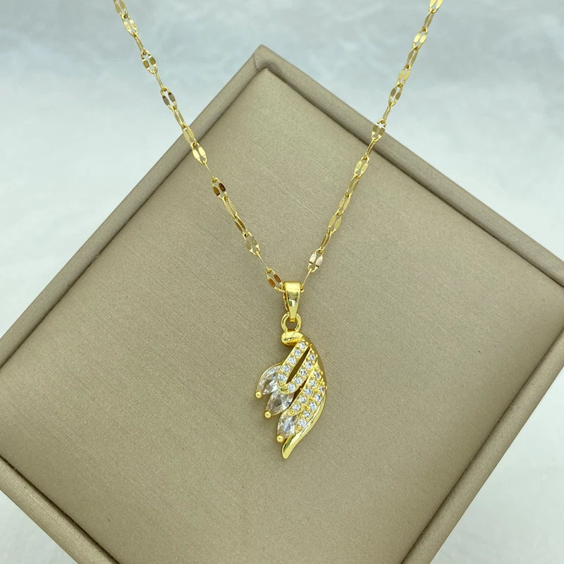 CZ Feather Leaf Pendant Necklace | 18K Gold Plated Stainless Steel