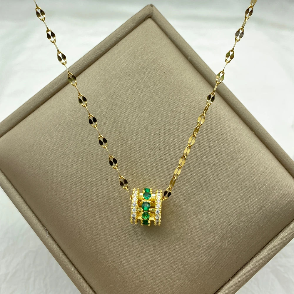 Emerald Green CZ Barrel Pendant Necklace | 18K Gold Plated Stainless Steel