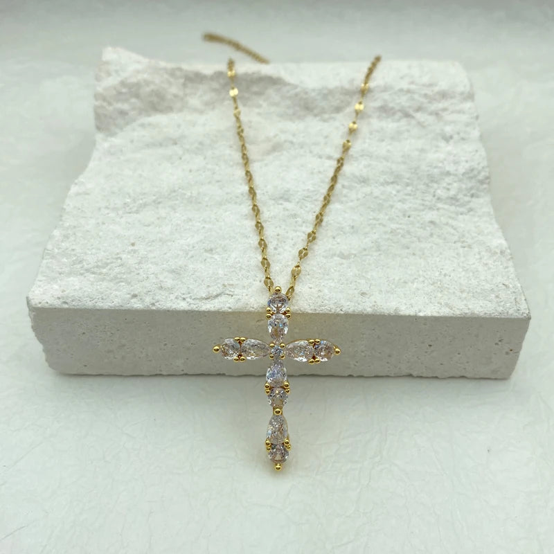 Marquise CZ Cross Pendant Necklace | 18K Gold Plated Stainless Steel