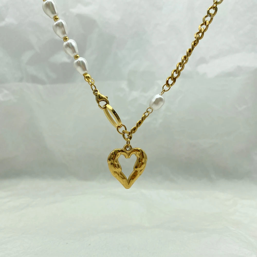 Cuba Spliced Chain Stainless Steel Necklacet simulated Pearl Necklace