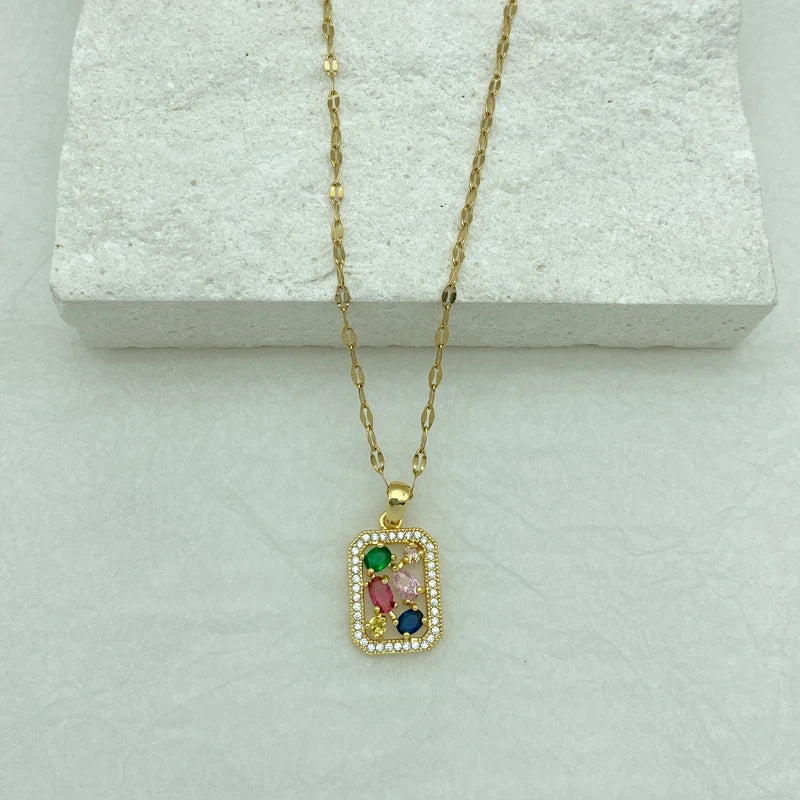 Gold Plated Stainless Steel Necklaces For Women With Square Shaped Pendant With Red Green Pink Zircons New In Style