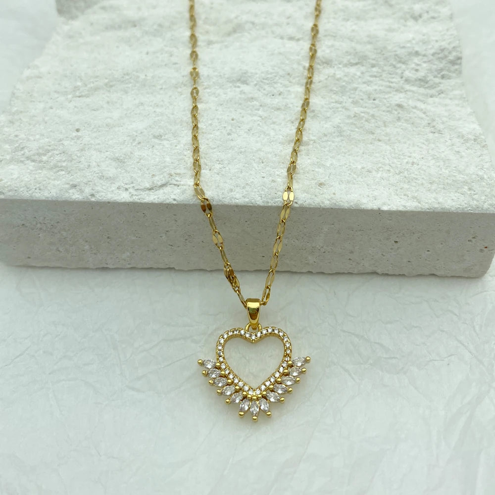 18K Gold Plated Open Heart Marquise CZ Pendant Necklace | Stainless Steel Chain