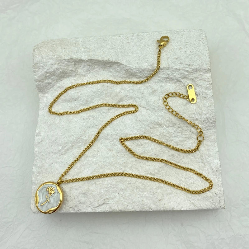 Mother of Pearl Rose Coin Pendant Necklace |  Stainless Steel Chains