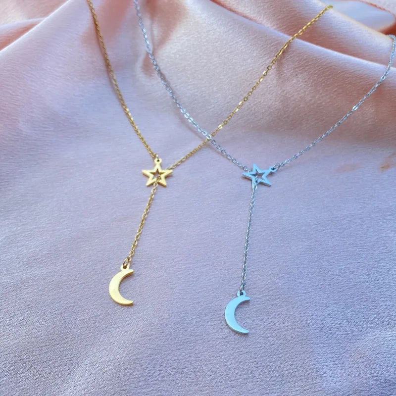 Star Moon Drop Lariat Necklace | 18K Gold Plated Stainless Steel