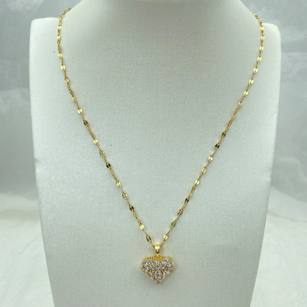 Gold Pave CZ Crystal Puffy Heart Pendant Stainless Steel Necklace
