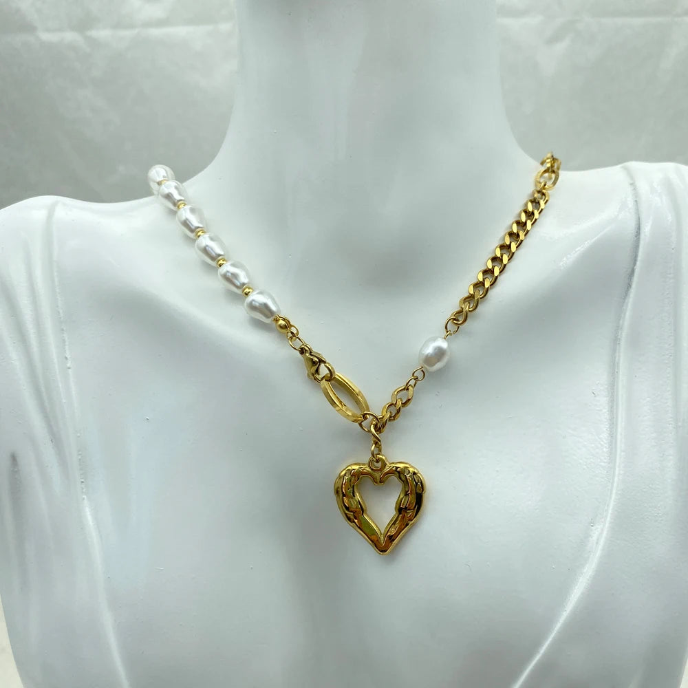 Cuba Spliced Chain Stainless Steel Necklacet simulated Pearl Necklace