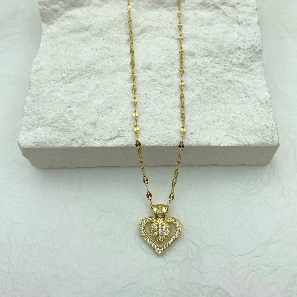 18K Gold Plated Double Heart CZ Pendant Necklace Stainless Steel Chains