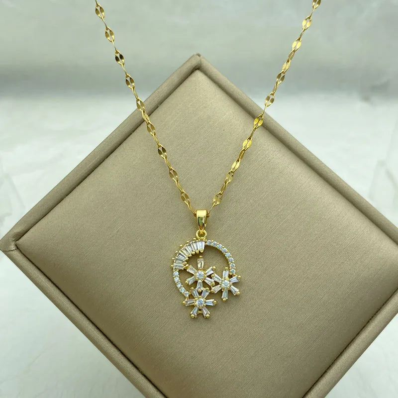 Gold Plated Stainless Steel Necklace Big Flower Pendant Necklaces for Women Fashion Jewelry