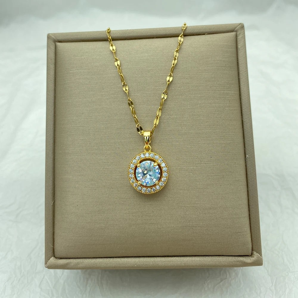 Gold Plated Round Zircons Stainless Steel Necklace For Women Gifts Fashion Jewerly Steel Necklace New In Simple Style