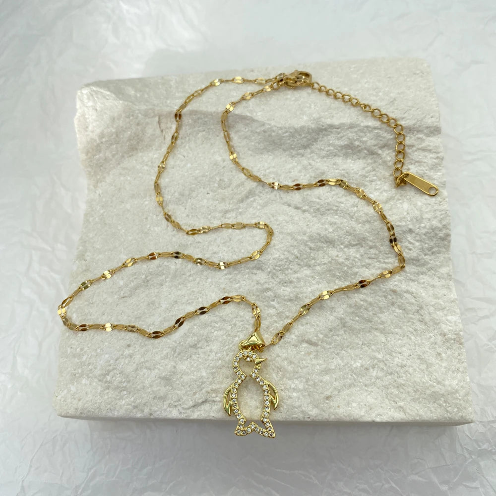 Gold Plated Cute Penguin Pendants With Zircon Stainless Steel Necklace For Women Fashion Jewelry New In Accessories