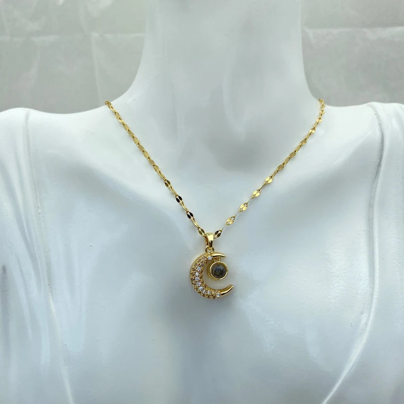 Pave CZ Crescent Moon & Projection Stone Pendant Necklace | Stainless Steel