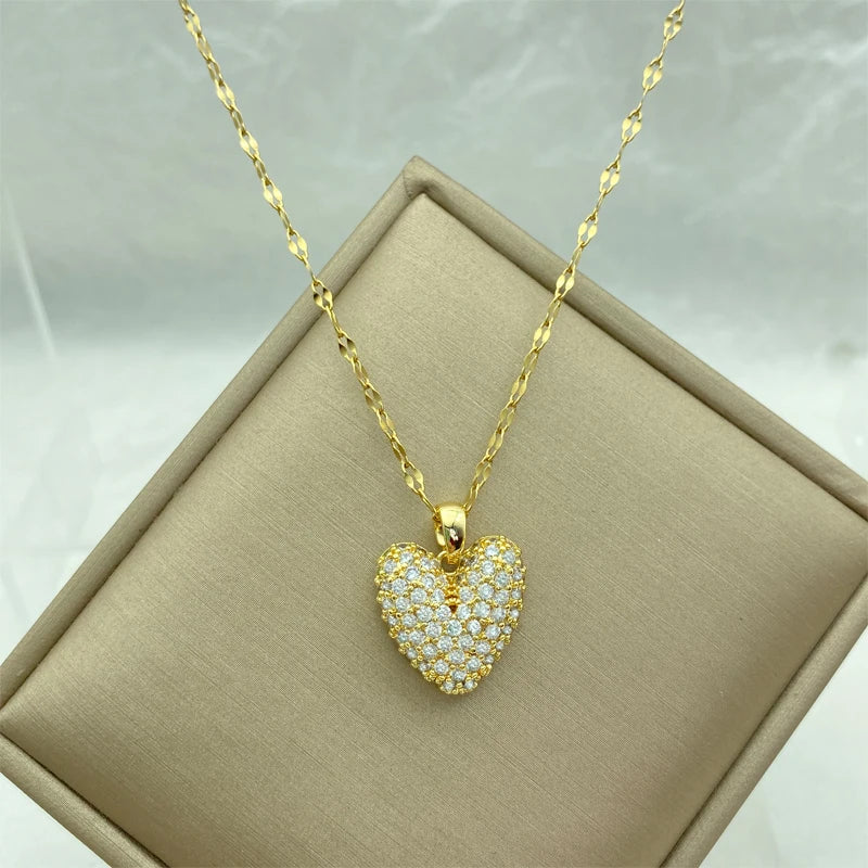 Big Heart Zircon Pendant Stainless Steel Gold Plated Necklace For Women
