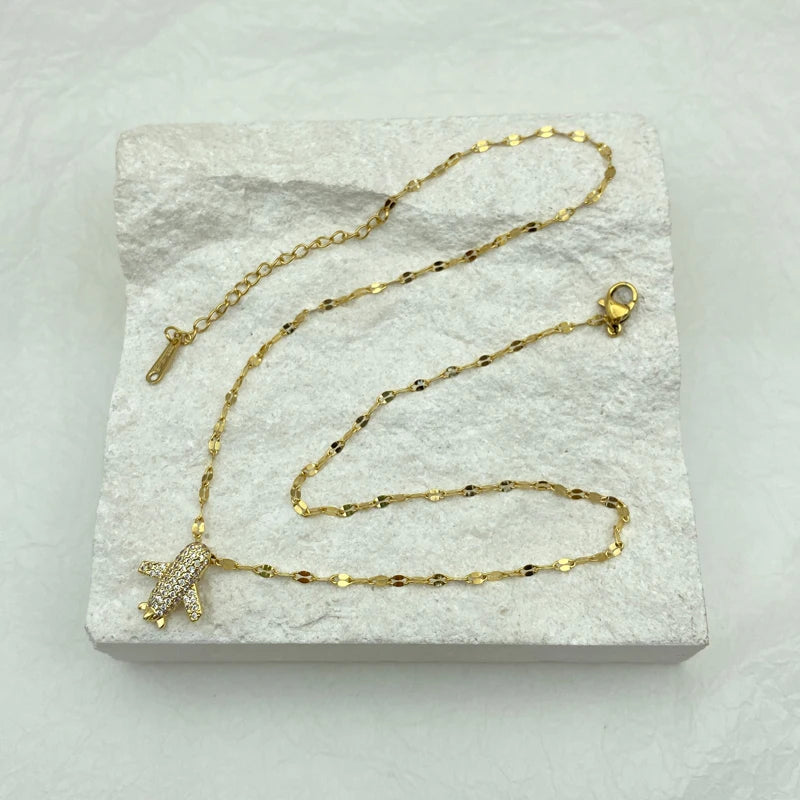 Pave CZ Airplane Pendant Necklace | 18K Gold Plated Stainless Stee