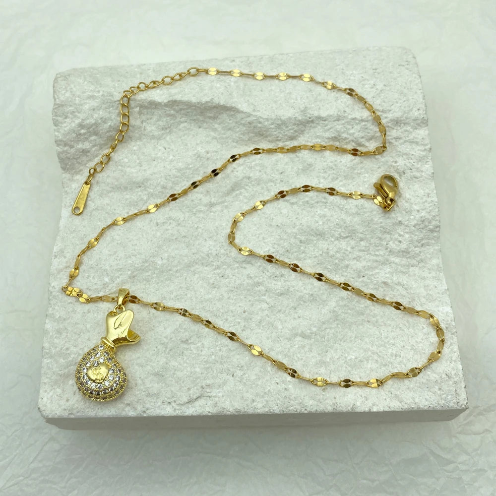 18K Gold Plated Pave CZ Money Bag Pendant Necklace | Stainless Steel Chain