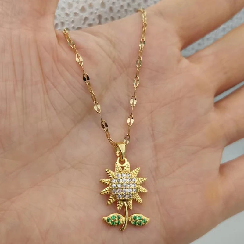CZ Sunflower Pendant Necklace with Emerald Green Leaf | Stainless Steel Chain