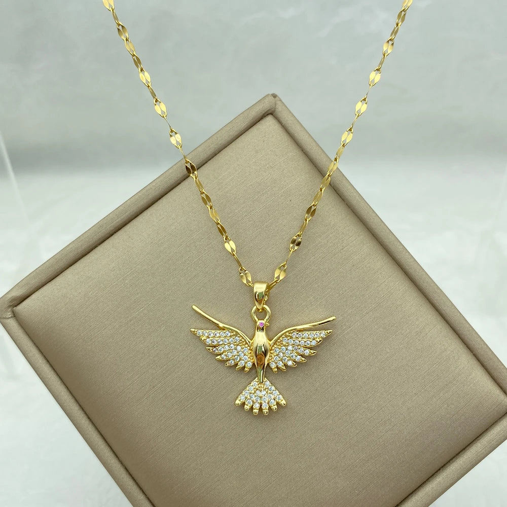 Gold Plated Eagle With Zircons Stainless Steel Necklaces For Women Gifts Fashion Jewerly Accessories Cute Bird Necklace New In