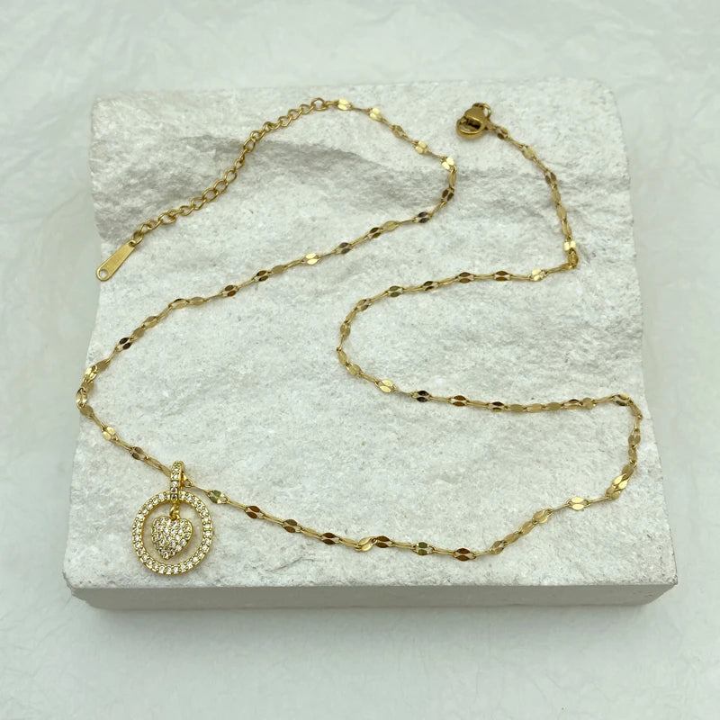 CZ Pave Heart Circle Pendant Necklace | Puffy Heart Halo Charm Stainless Steel