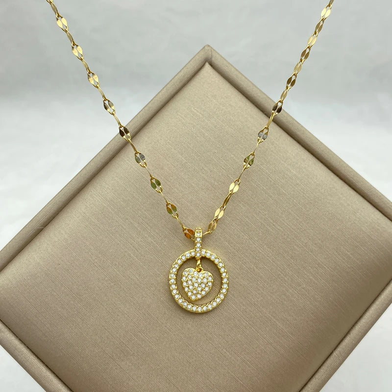 CZ Pave Heart Circle Pendant Necklace | Puffy Heart Halo Charm Stainless Steel