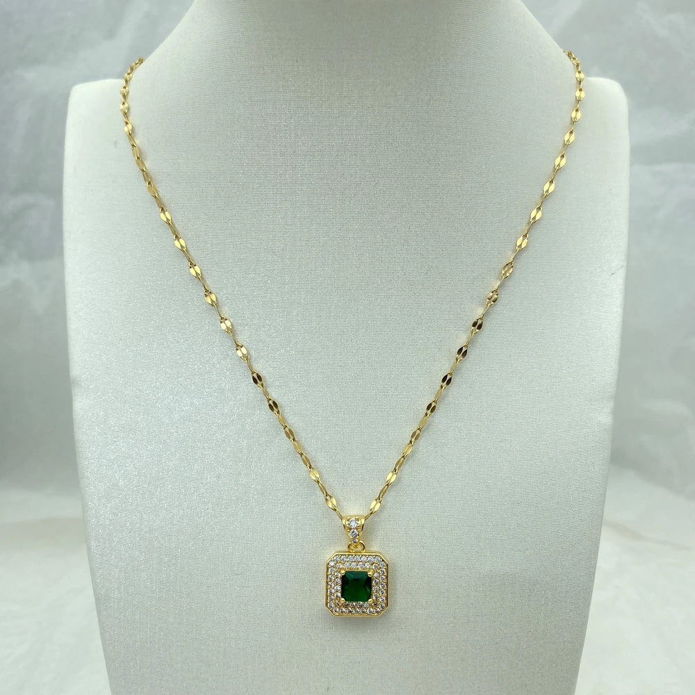 Gold Plated  Green Square Zircon Pendant Necklace For Women