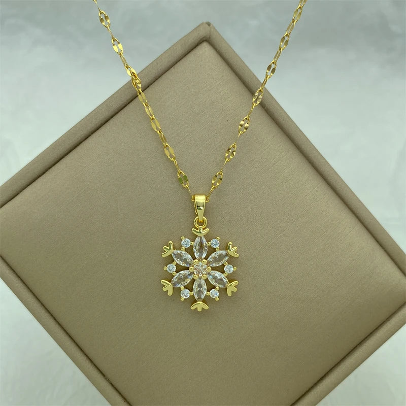 Gold Snowflake CZ Pendant Necklace | Stainless Steel Chain