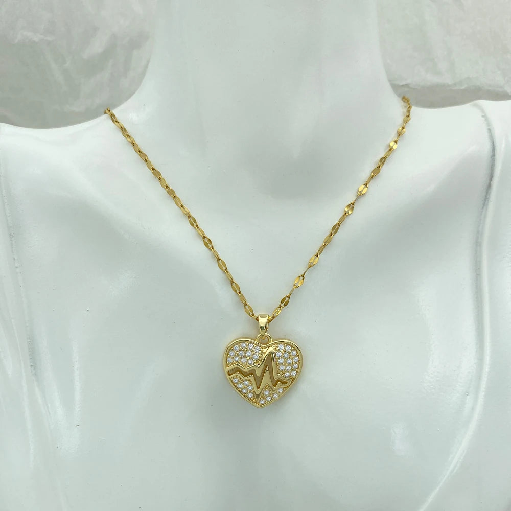 CZ Heartbeat Heart Pendant Necklace | Stainless Steel Chain