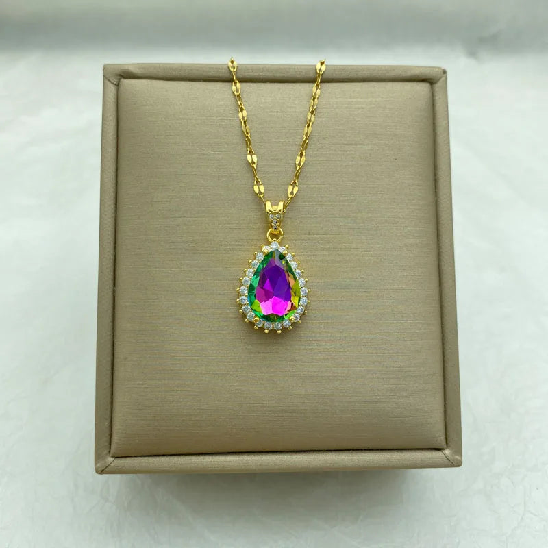 Gold Plated Stainless Steel Necklace With Colorful Water Drop Pendant Necklace For Women With  Stainless Steel  Fashion Jewelry