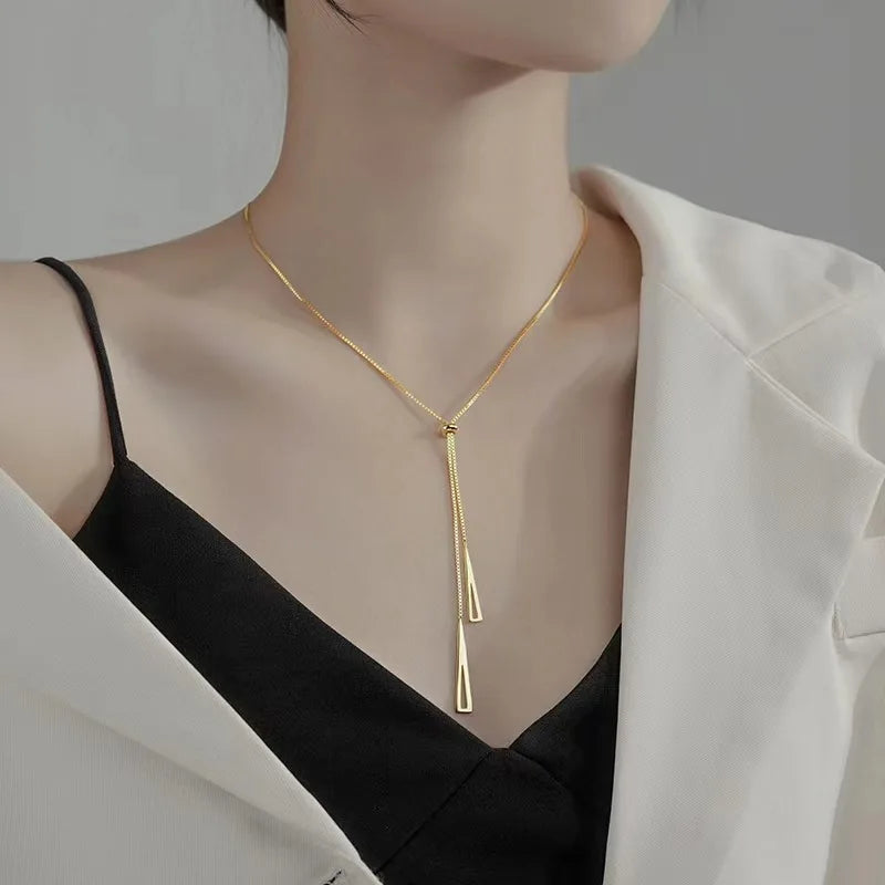 Minimalist Double Triangle Drop Necklace | Stainless Steel Adjustable Y-Chain