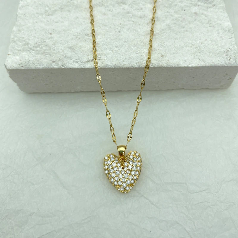 Big Heart Zircon Pendant Stainless Steel Gold Plated Necklace For Women