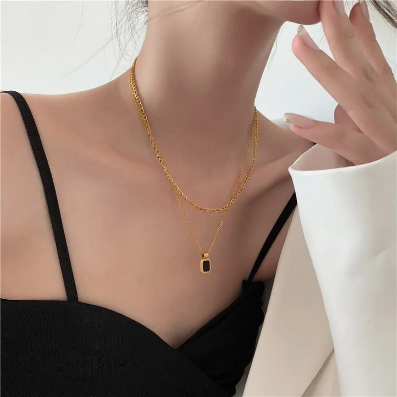 Layered Stainless Steel Square Pendants Necklace for Women