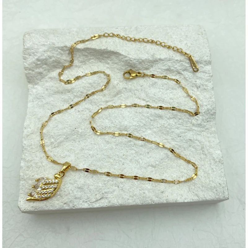 CZ Feather Leaf Pendant Necklace | 18K Gold Plated Stainless Steel