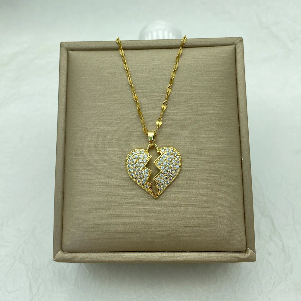 18K Gold Plated CZ Broken Heart Pendant Stainless Steel Necklace
