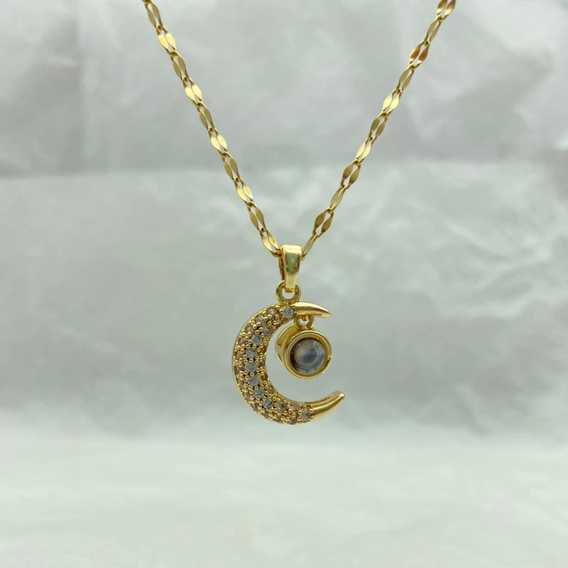 Pave CZ Crescent Moon & Projection Stone Pendant Necklace | Stainless Steel