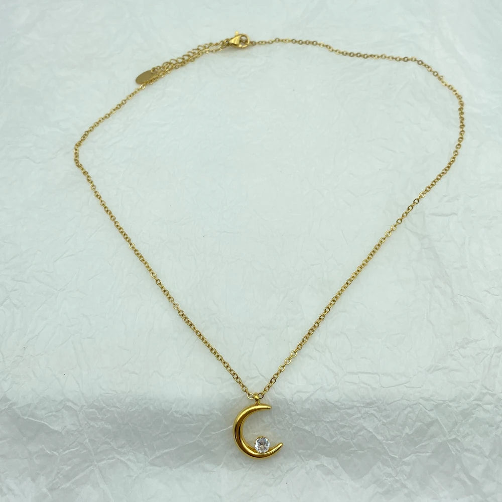 Moon Pendant With Zircon Stainless Steel Necklace For Women