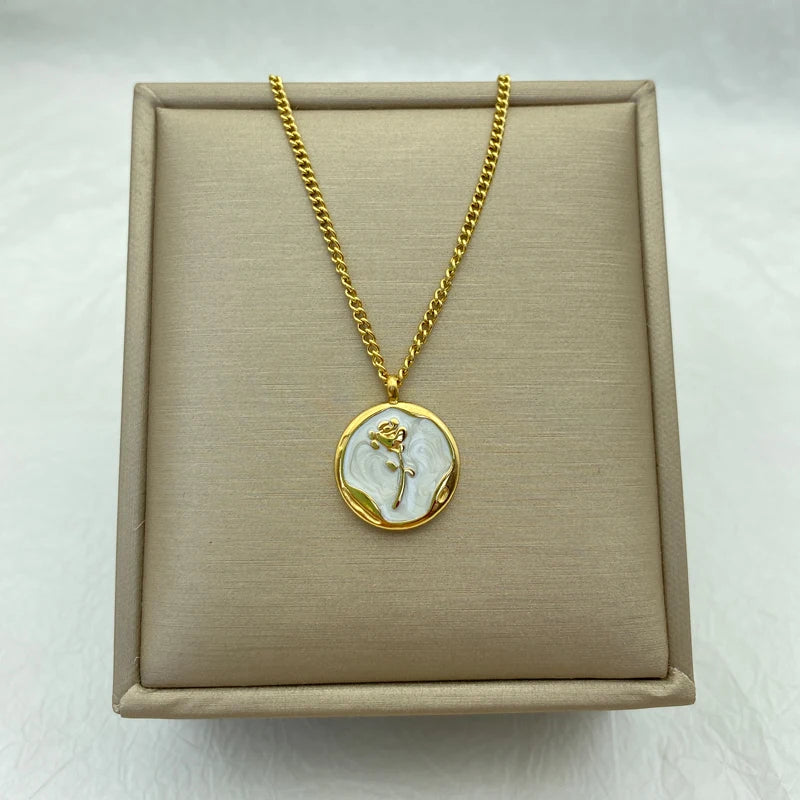 Mother of Pearl Rose Coin Pendant Necklace |  Stainless Steel Chains