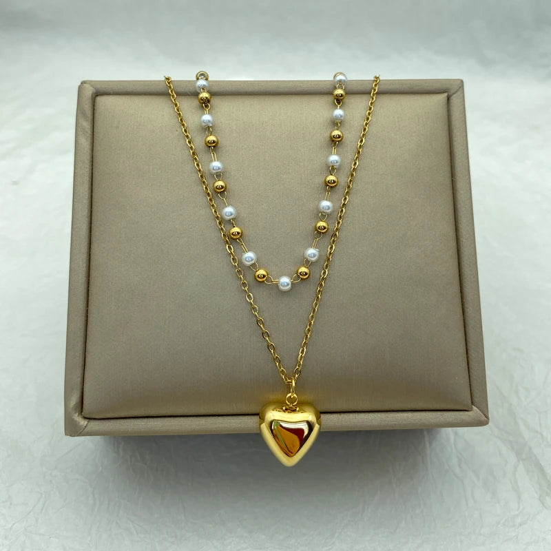 Stainless Steel Layered Pearl Chains Long Necklaces for Women