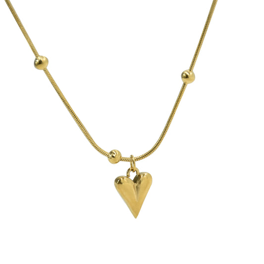 3D Heart Pendant Necklace with Satellite Snake Chain | 18K Gold Plated Stainless Steel
