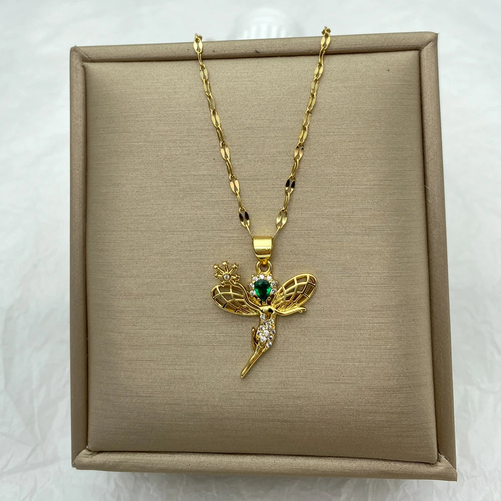 Gold Fairy Hummingbird Pendant Necklace |Stainless Steel Chains