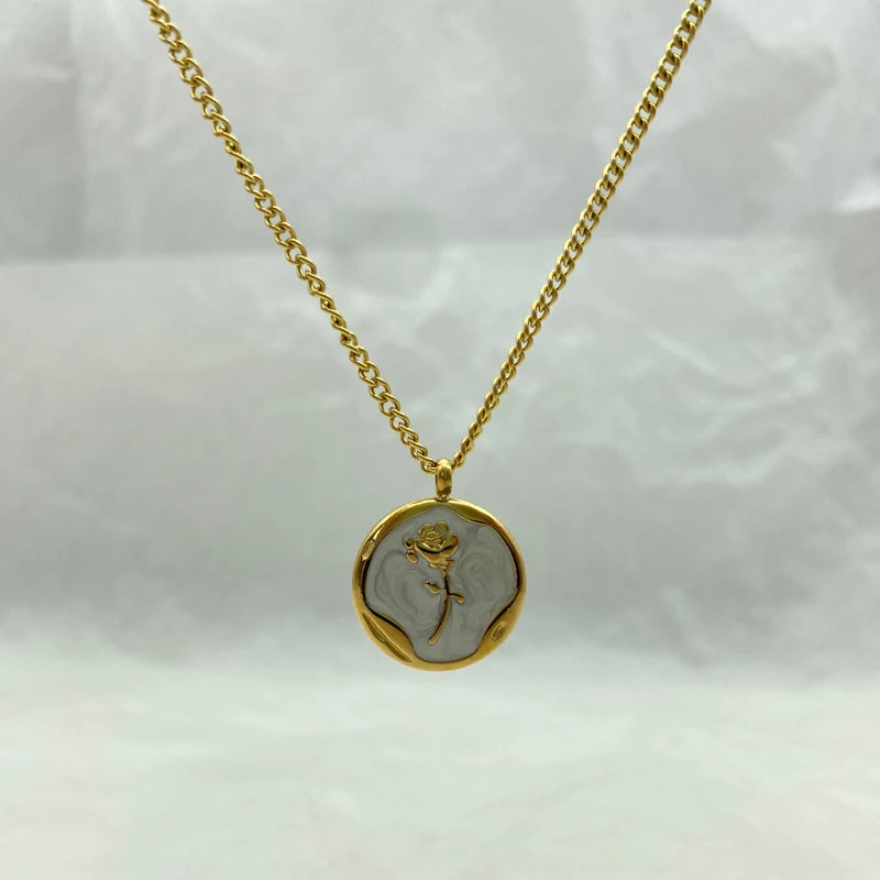 Mother of Pearl Rose Coin Pendant Necklace |  Stainless Steel Chains
