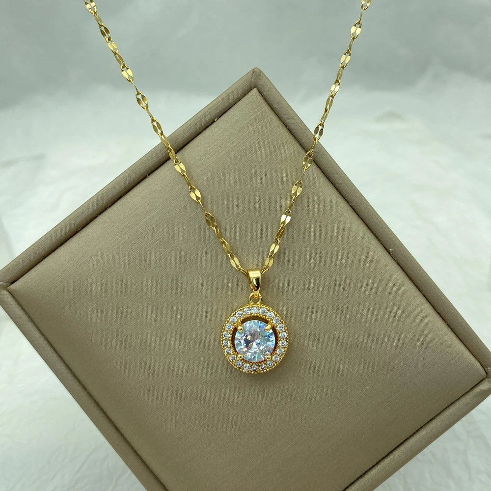 Gold Plated Round Zircons Stainless Steel Necklace For Women Gifts Fashion Jewerly Steel Necklace New In Simple Style