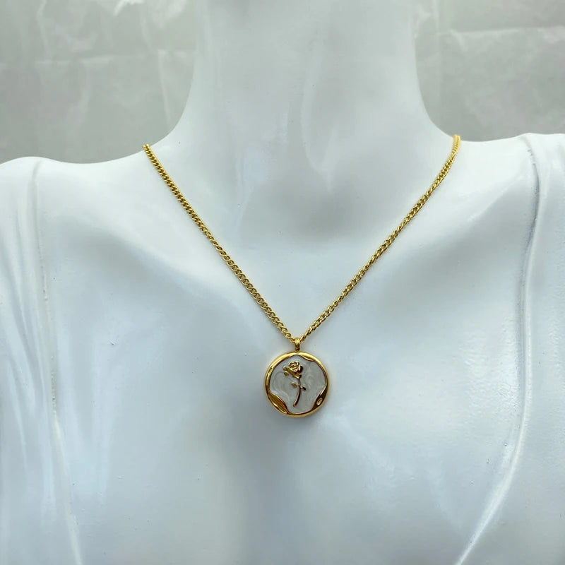 Mother of Pearl Rose Coin Pendant Necklace |  Stainless Steel Chains