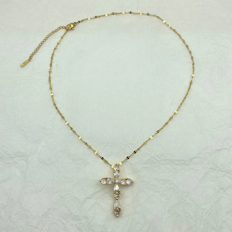 Marquise CZ Cross Pendant Necklace | 18K Gold Plated Stainless Steel