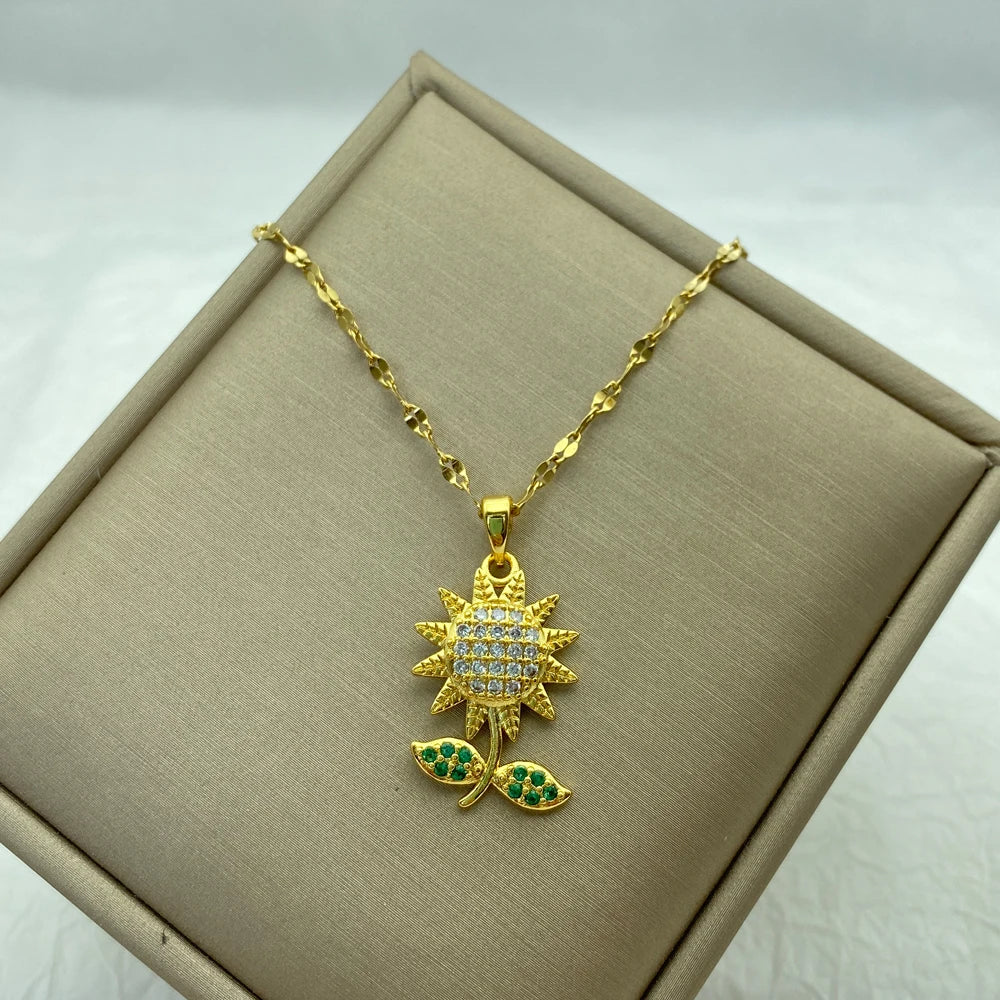 CZ Sunflower Pendant Necklace with Emerald Green Leaf | Stainless Steel Chain