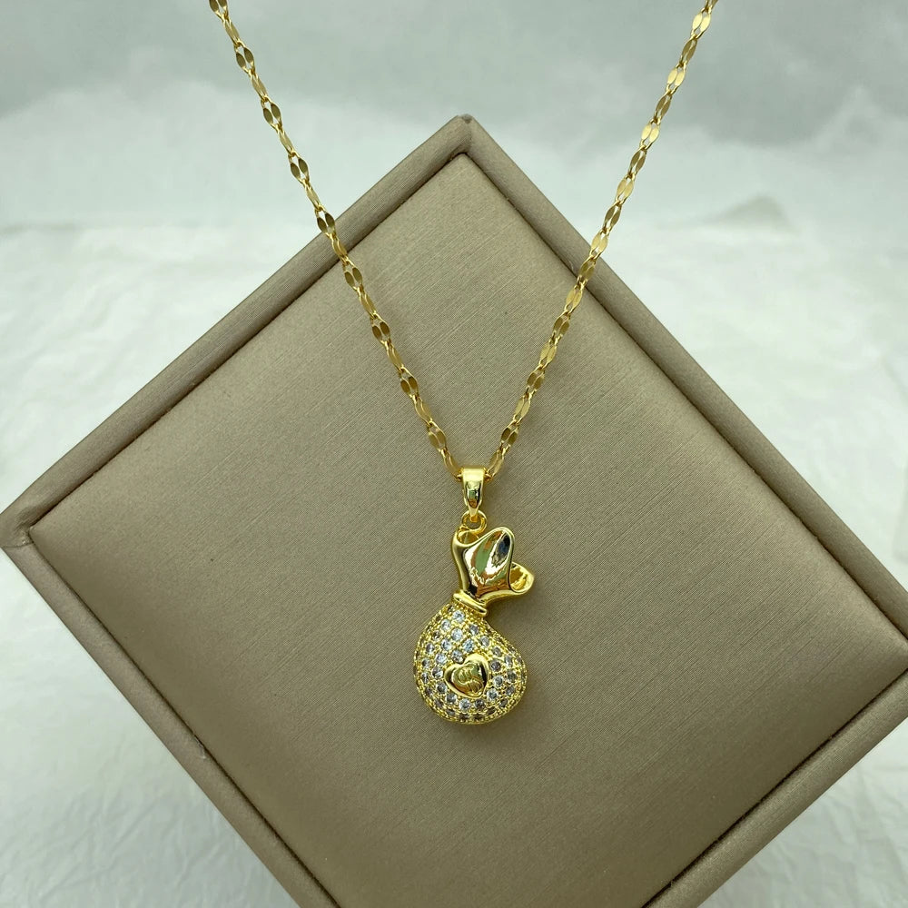 18K Gold Plated Pave CZ Money Bag Pendant Necklace | Stainless Steel Chain